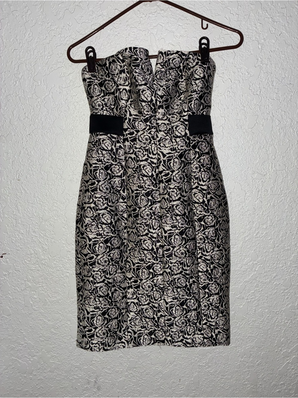 Halston Heritage Black and Cream Strapless Rose Jacquard Dress